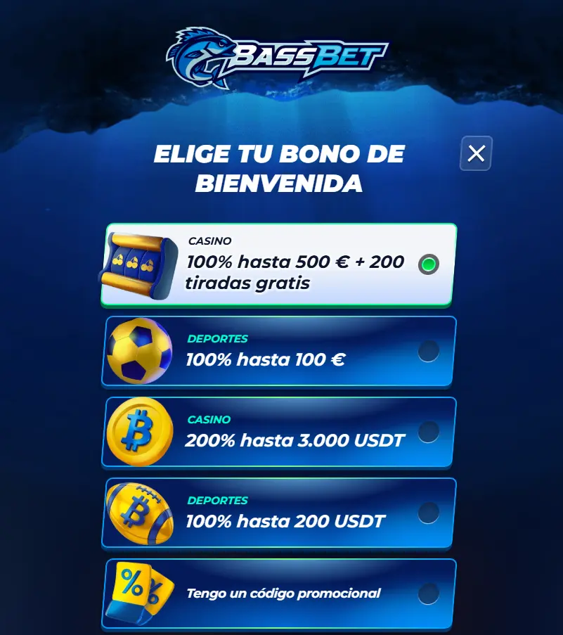 Pantalla de registro de BassBet para elegir el bono de bienvenida